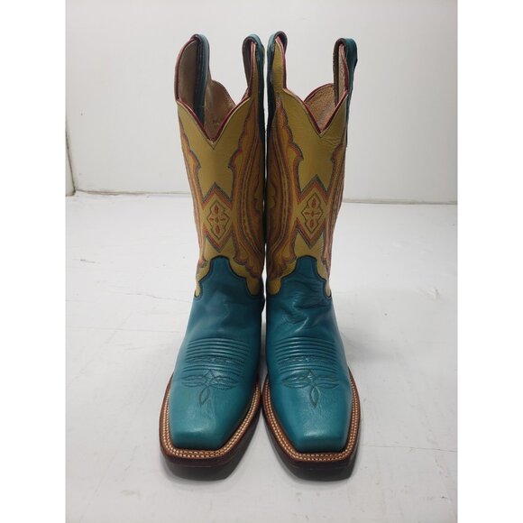 Justin Women’s Yellow/Teal Square Toe Leather Boots Style L2672 Size 7B - Picture 2 of 11